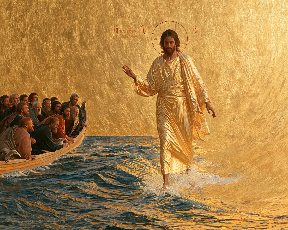 Jesus walking on water in Sacred Gold style, landscape Christian artwork no. 14