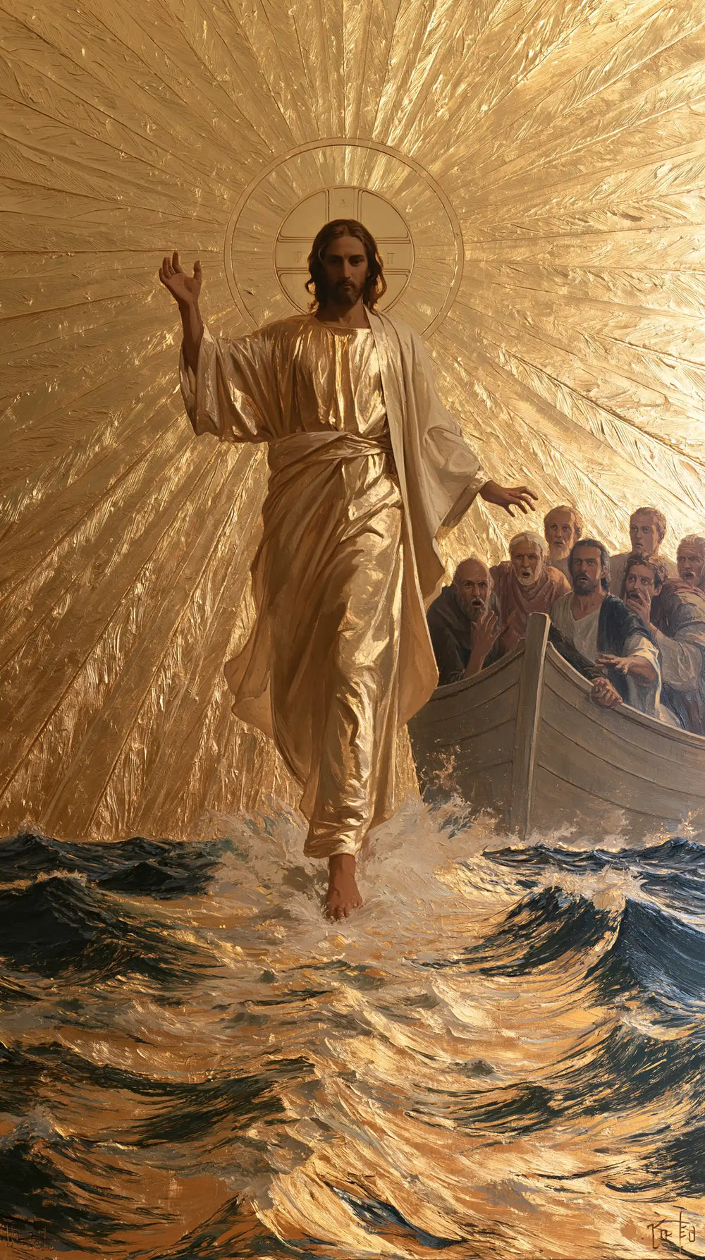 Jesus walking on water in Sacred Gold style, portrait Christian artwork no. 4
