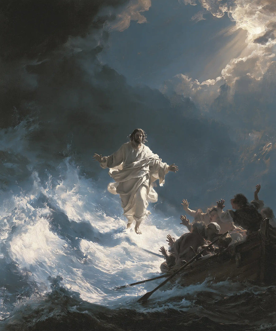 Jesus walking on water in Theatrical Baroque style, portrait Christian artwork no. 16