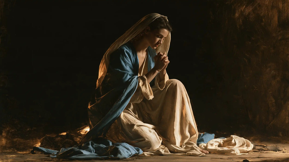Virgin Mary in Prayer — The Vigil with a Raised Knee
