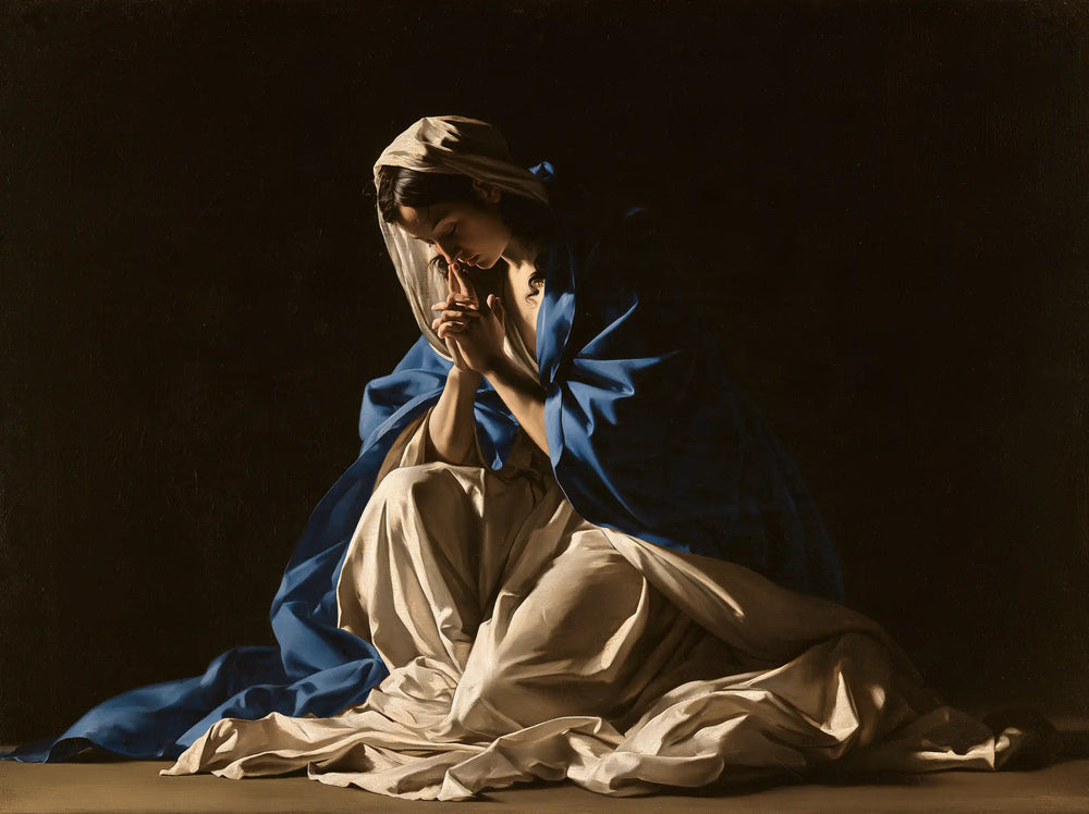 the Virgin Mary in prayer in Caravaggio Tenebrism style, landscape Christian artwork no. 5