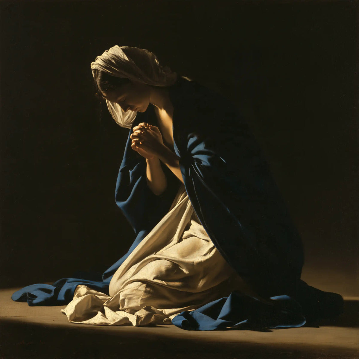 the Virgin Mary in prayer in Caravaggio Tenebrism style, square Christian artwork no. 4