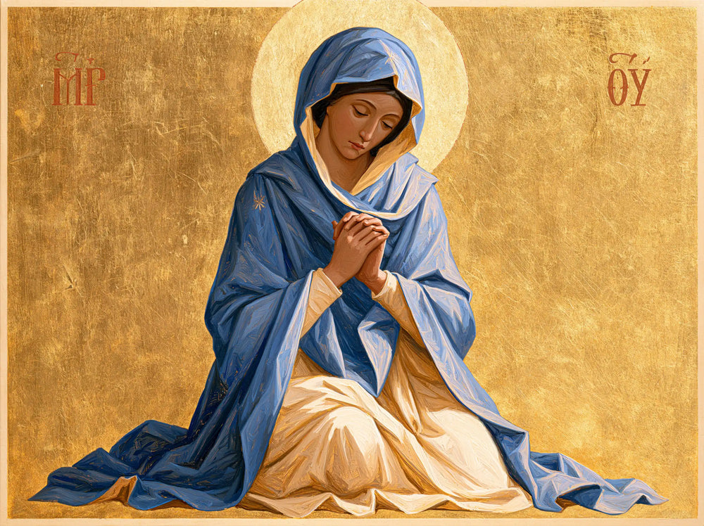the Virgin Mary in prayer in Contemporary Byzantine style, landscape Christian artwork no. 7