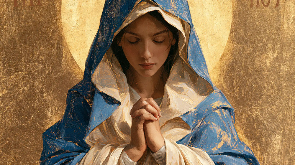 the Virgin Mary in prayer in Contemporary Byzantine style, landscape Christian artwork no. 18