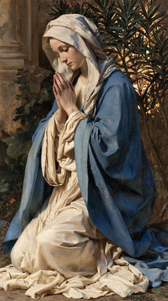 Virgin Mary in Prayer — Contemplation beneath Slender Leaves