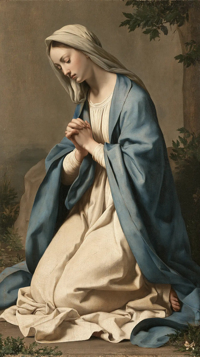 Virgin Mary in Prayer — The Bare Foot beneath the Blue Cloak
