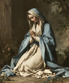 Virgin Mary in Prayer — Contemplation among Blue Flowers