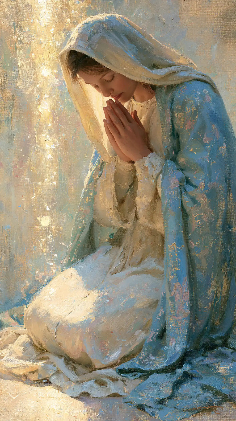 the Virgin Mary in prayer in Impressionist style, portrait Christian artwork no. 7