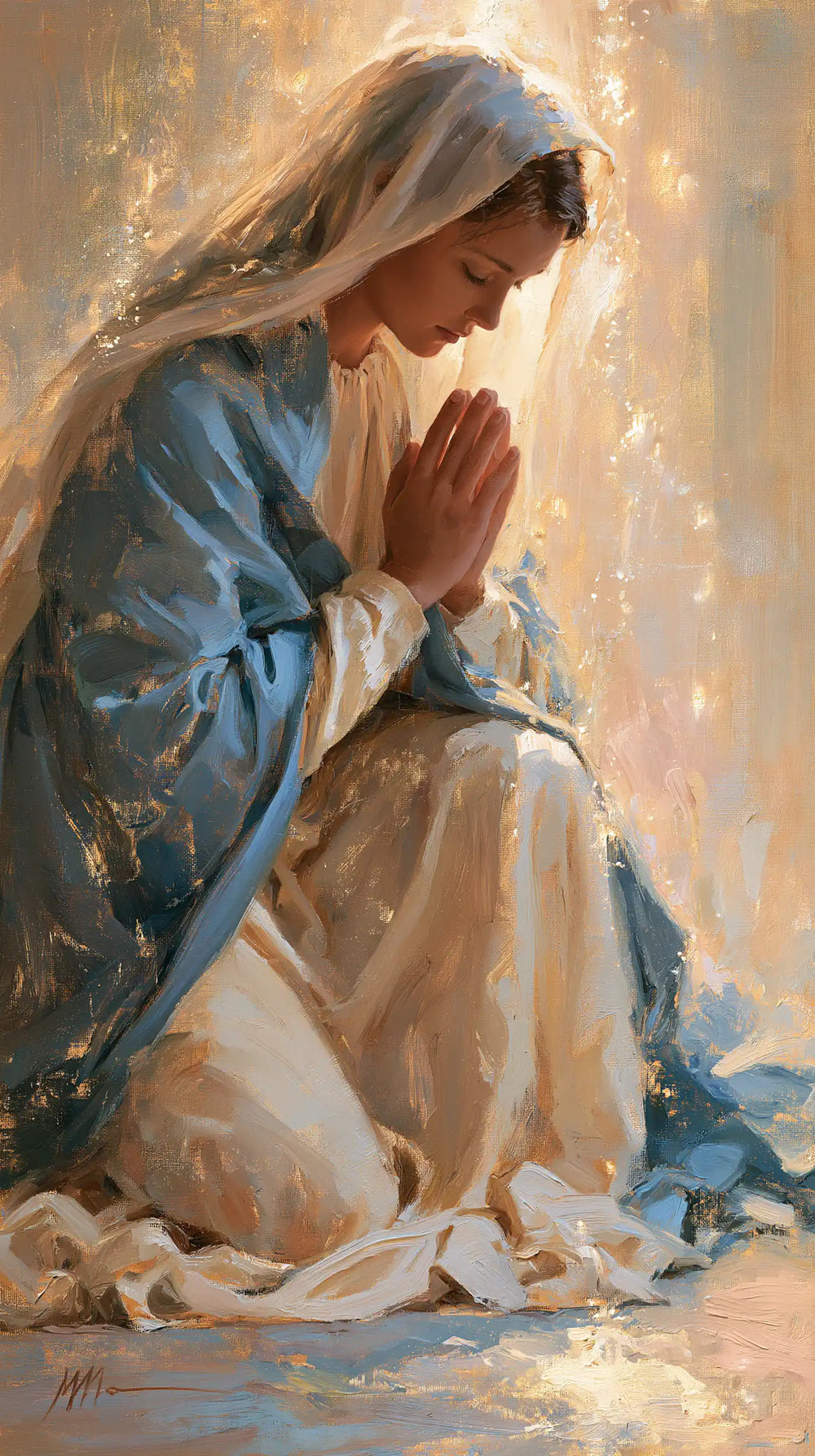 the Virgin Mary in prayer in Impressionist style, portrait Christian artwork no. 14