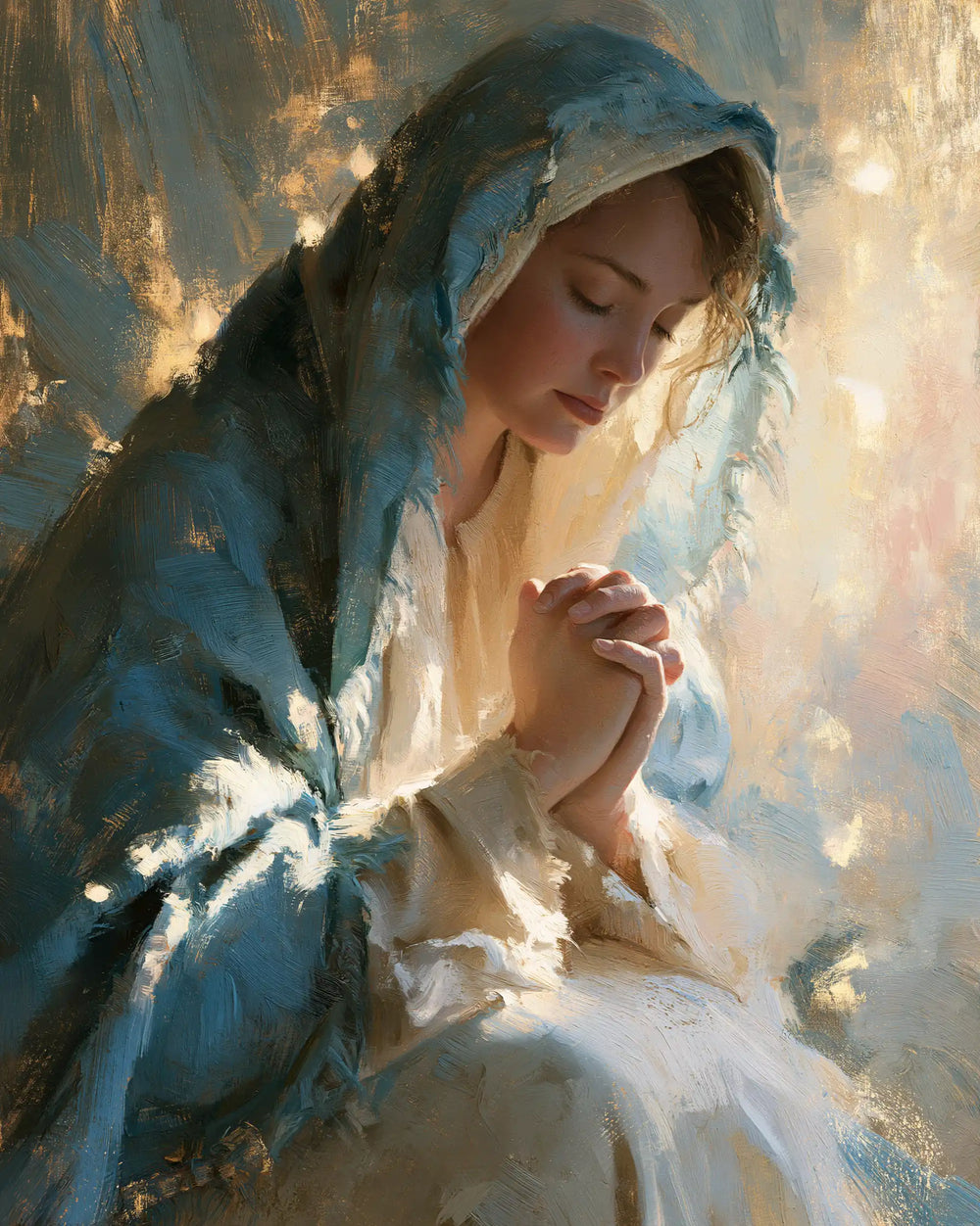 the Virgin Mary in prayer in Impressionist style, portrait Christian artwork no. 22