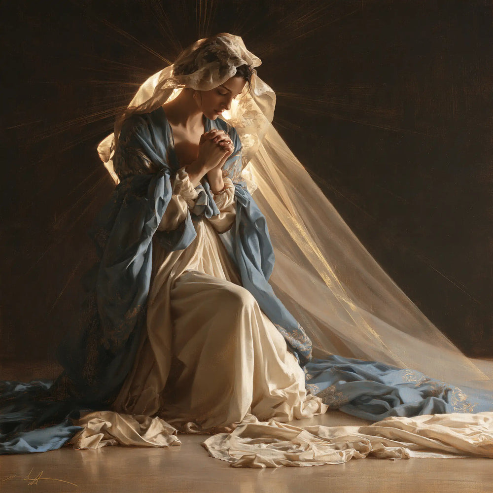 the Virgin Mary praying in a biblical-era interior in Mary in a Biblical Interior style, square Christian artwork no. 2
