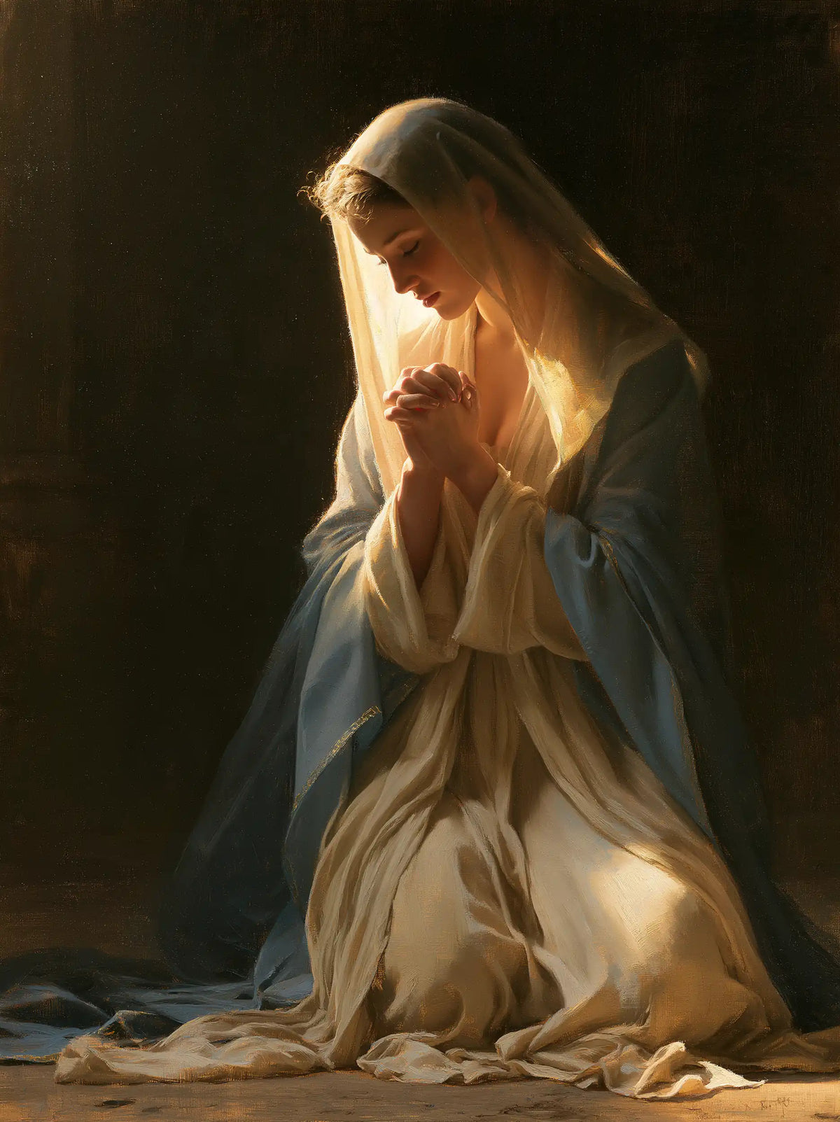 Virgin Mary in Prayer — The Glow within the Veil