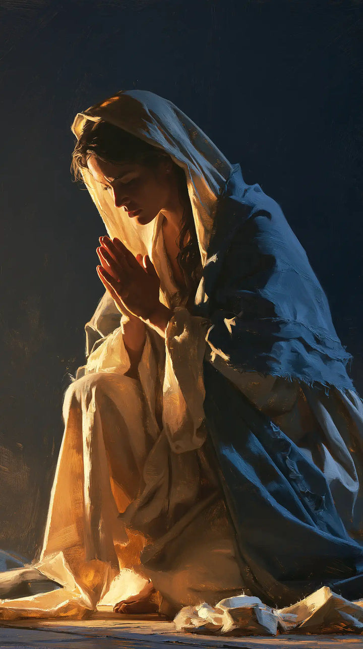 Virgin Mary in Prayer — The Profile at the Edge of Flame