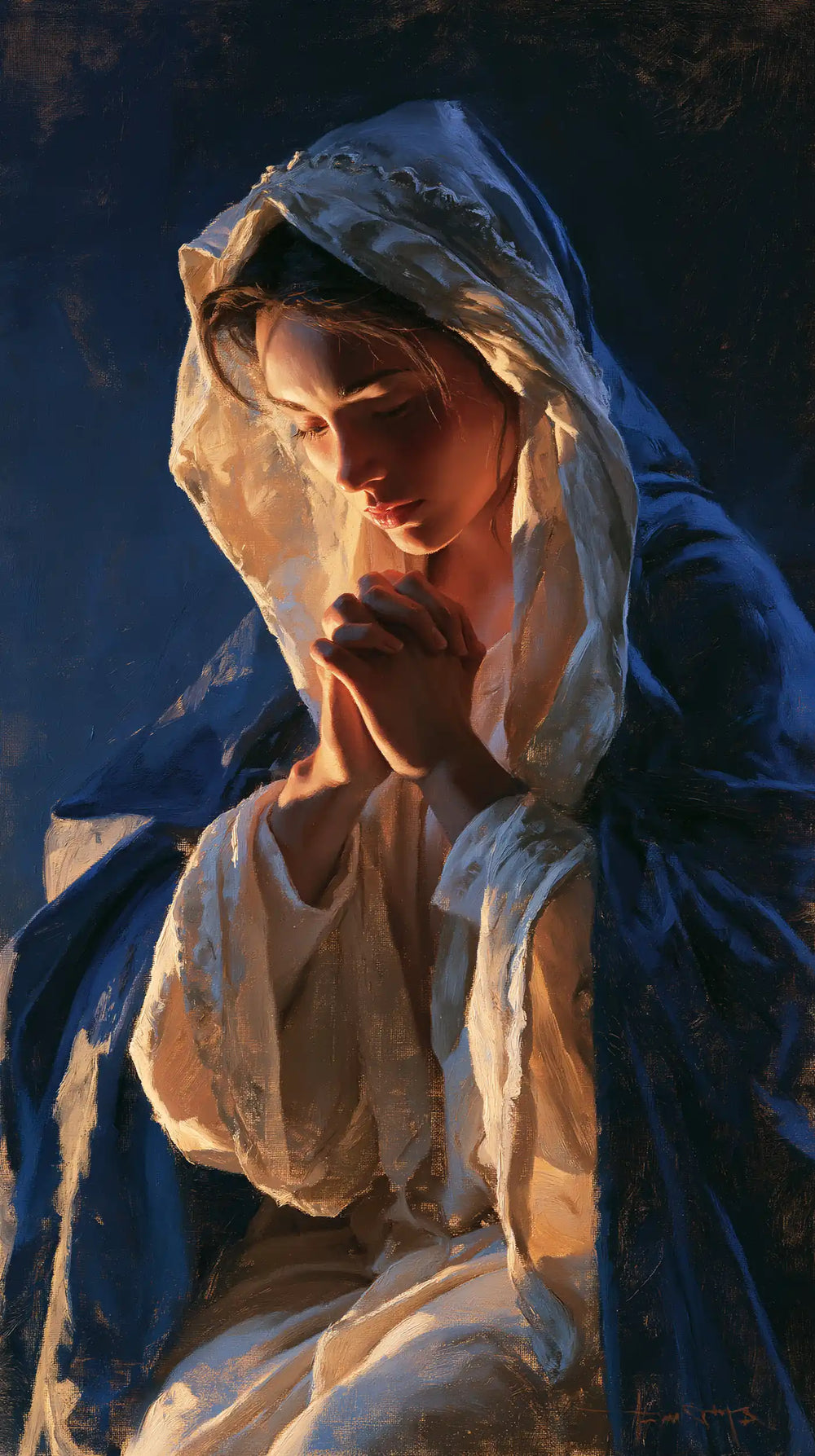 the Virgin Mary in prayer in Midnight Blue Chiaroscuro style, portrait Christian artwork no. 6