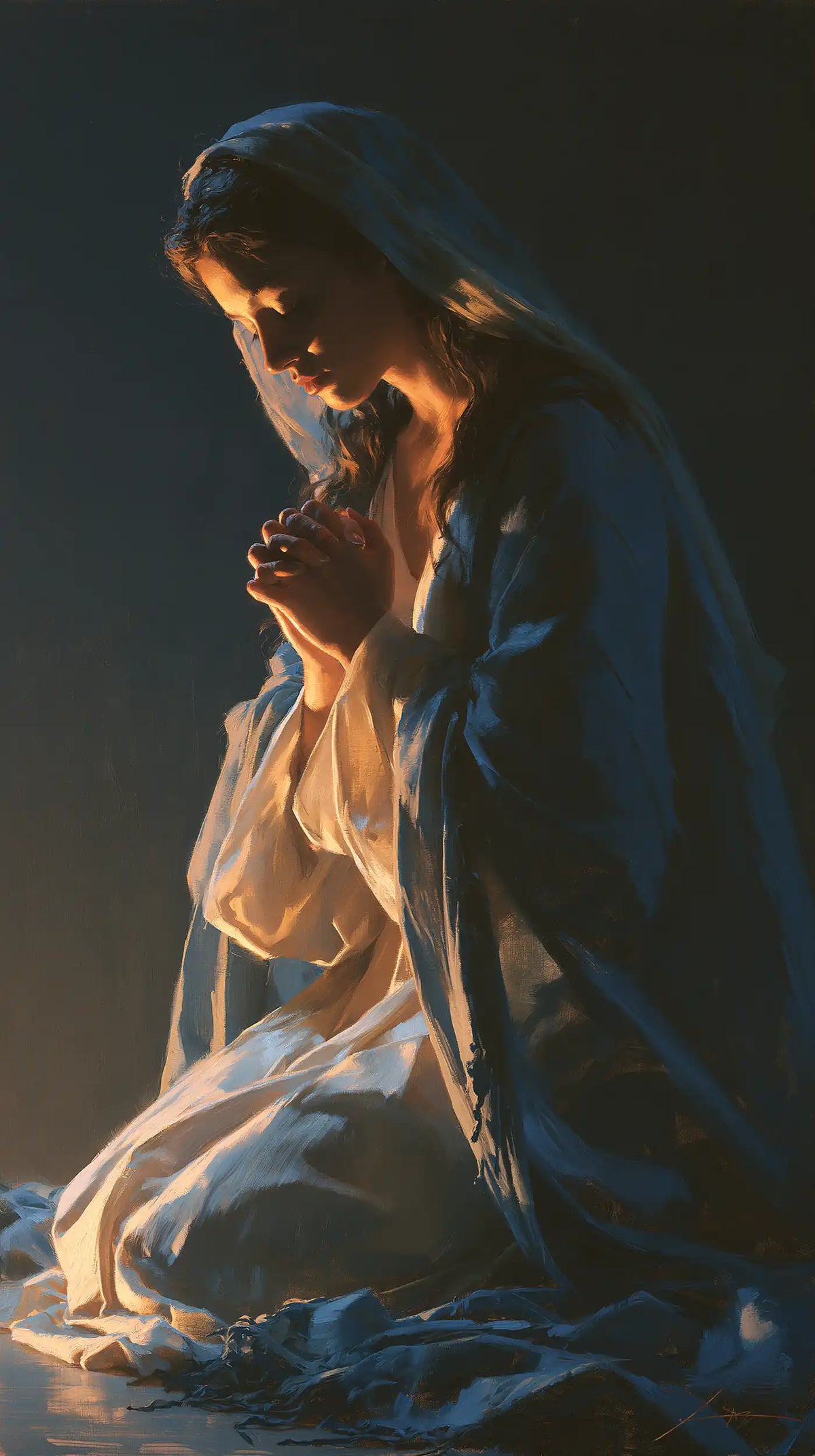 Virgin Mary in Prayer - Midnight Blue Chiaroscuro · Portrait n° 7