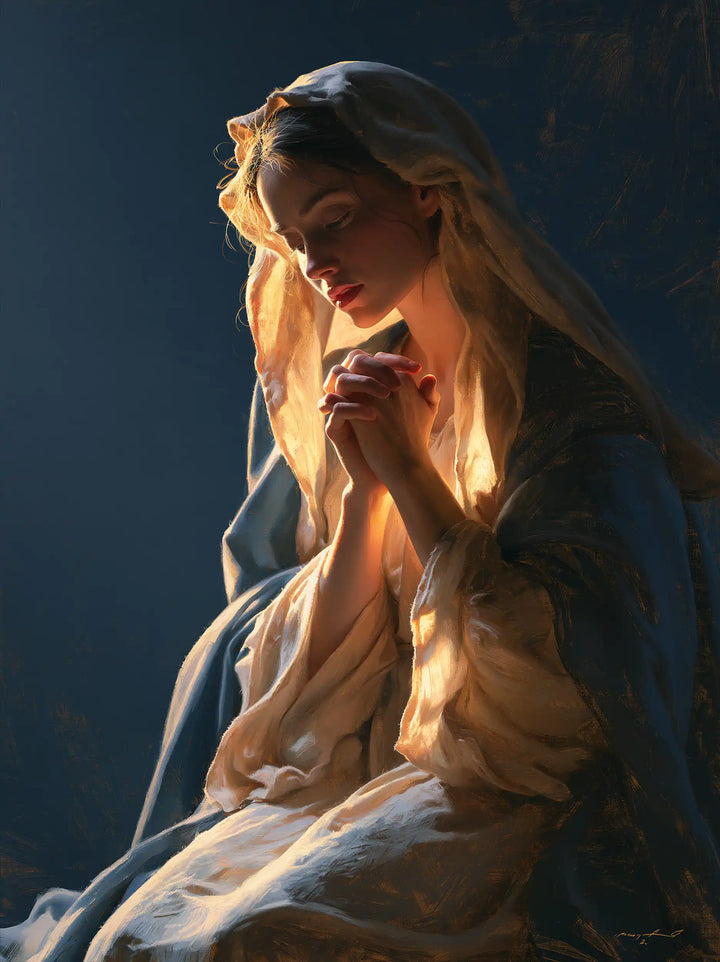Virgin Mary in Prayer — The Amber Veil against Blue Night