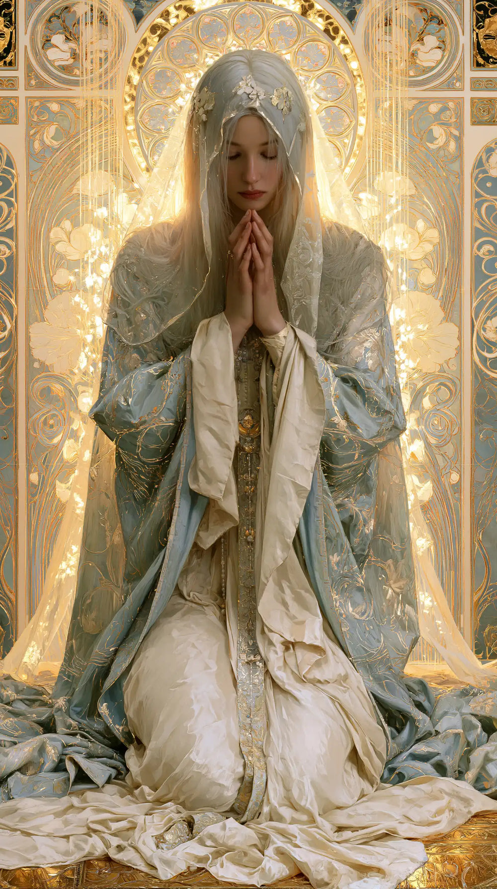 the Virgin Mary in prayer in Sacred Art Nouveau style, portrait Christian artwork no. 17