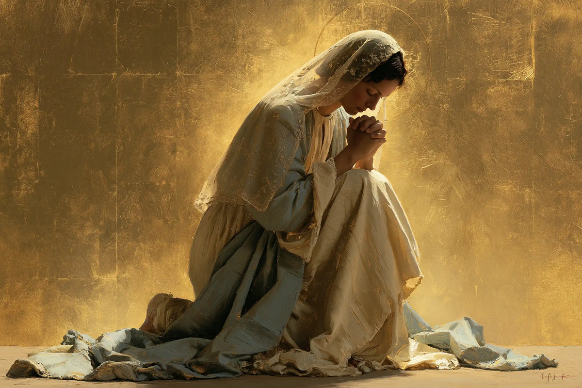 the Virgin Mary in prayer in Sacred Gold style, landscape Christian artwork no. 8