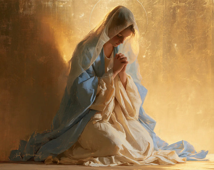 Virgin Mary in Prayer — Prayer at the Edge of Glowing Gold