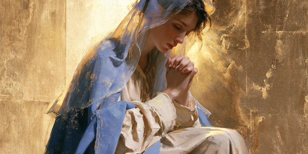 the Virgin Mary in prayer in Sacred Gold style, landscape Christian artwork no. 22