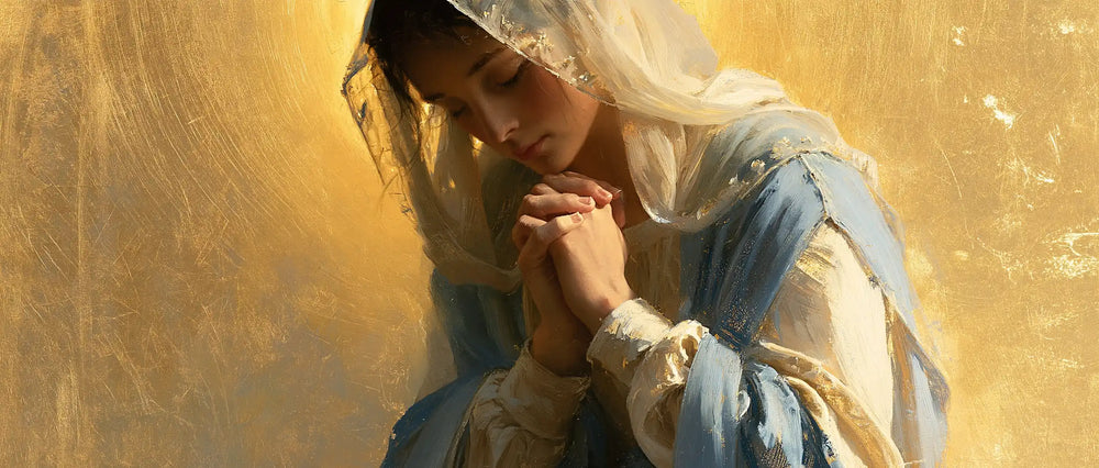 the Virgin Mary in prayer in Sacred Gold style, landscape Christian artwork no. 26