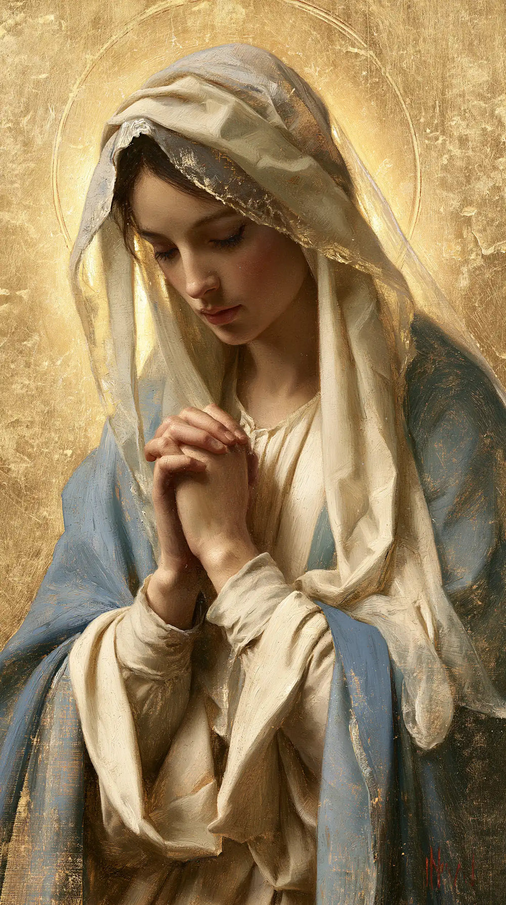 the Virgin Mary in prayer in Sacred Gold style, portrait Christian artwork no. 2
