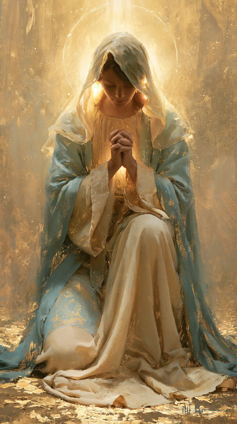 the Virgin Mary in prayer in Sacred Gold style, portrait Christian artwork no. 5