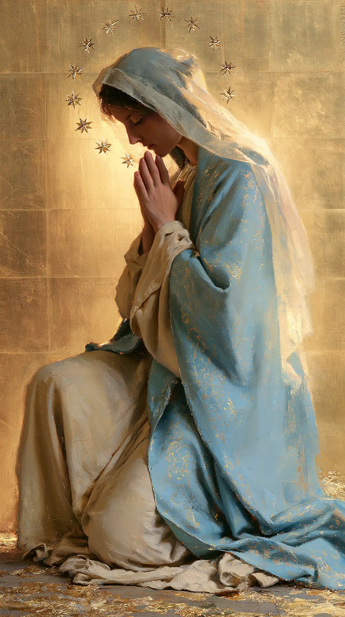 Virgin Mary in Prayer — Pale Blue beneath Delicate Stars