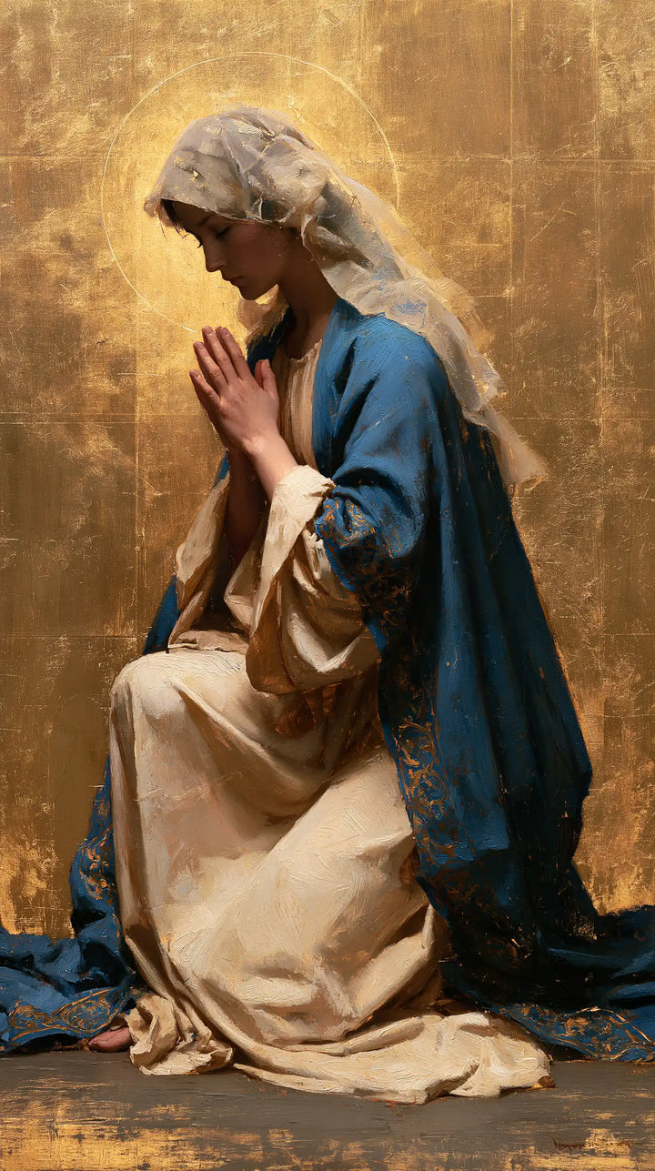 Virgin Mary in Prayer — The Profile beneath the Silver Veil