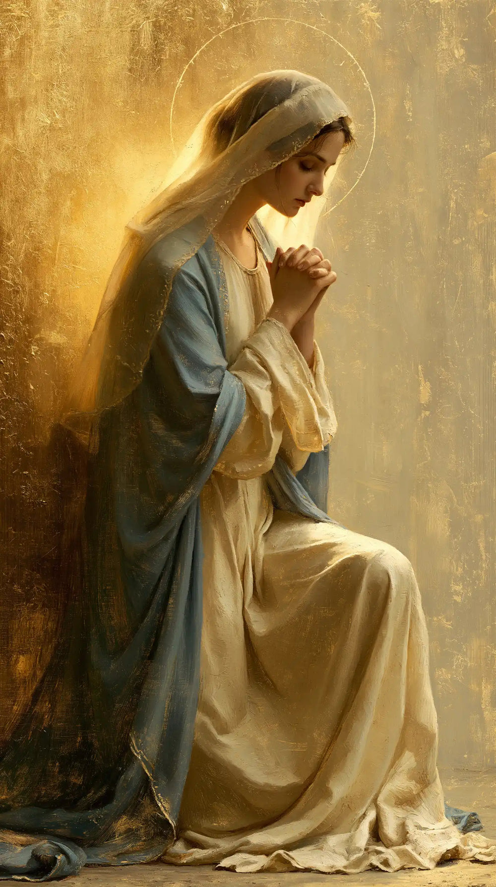 the Virgin Mary in prayer in Sacred Gold style, portrait Christian artwork no. 28