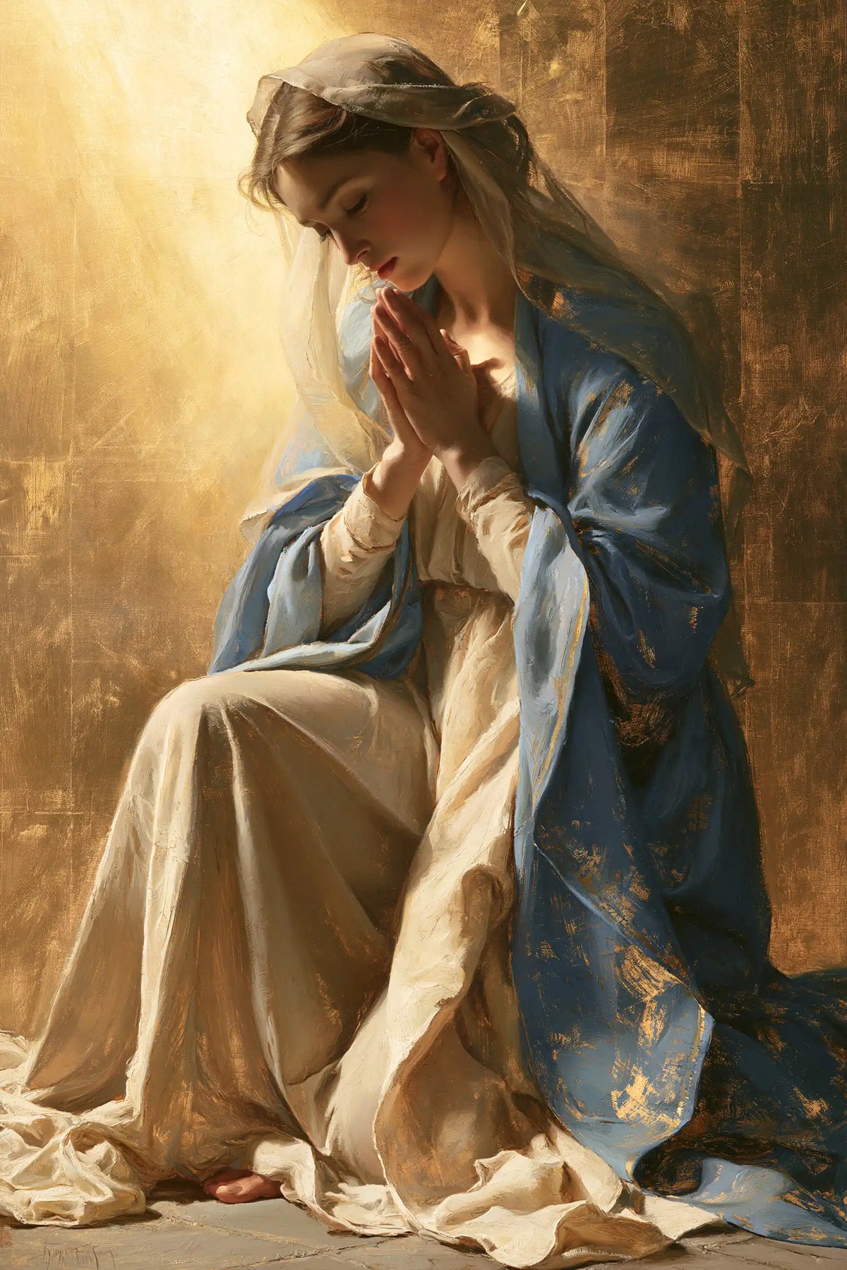 Virgin Mary in Prayer — Palms beneath the Folded Veil