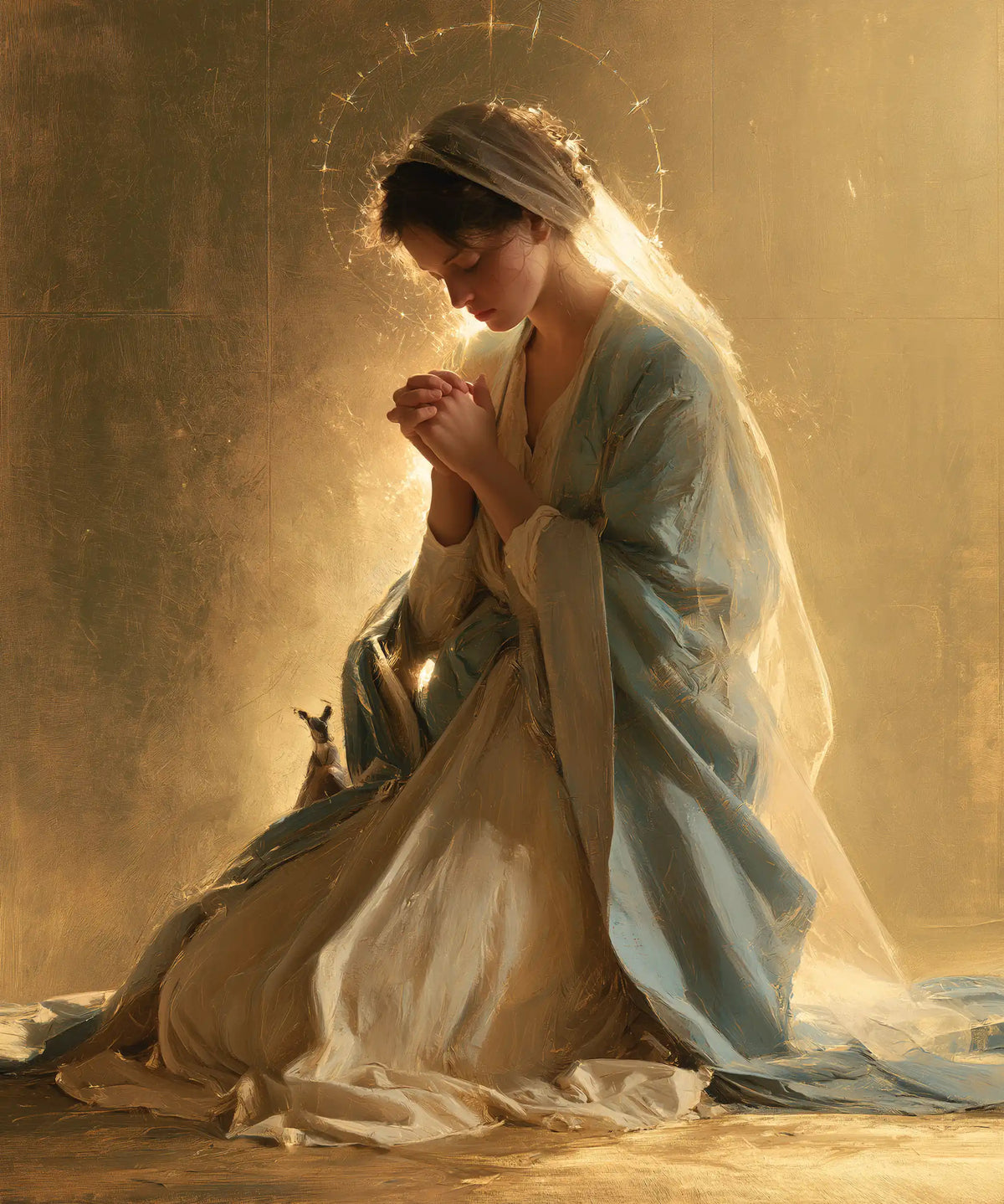 Virgin Mary in Prayer — The Water-Coloured Cloak in Quiet Gold