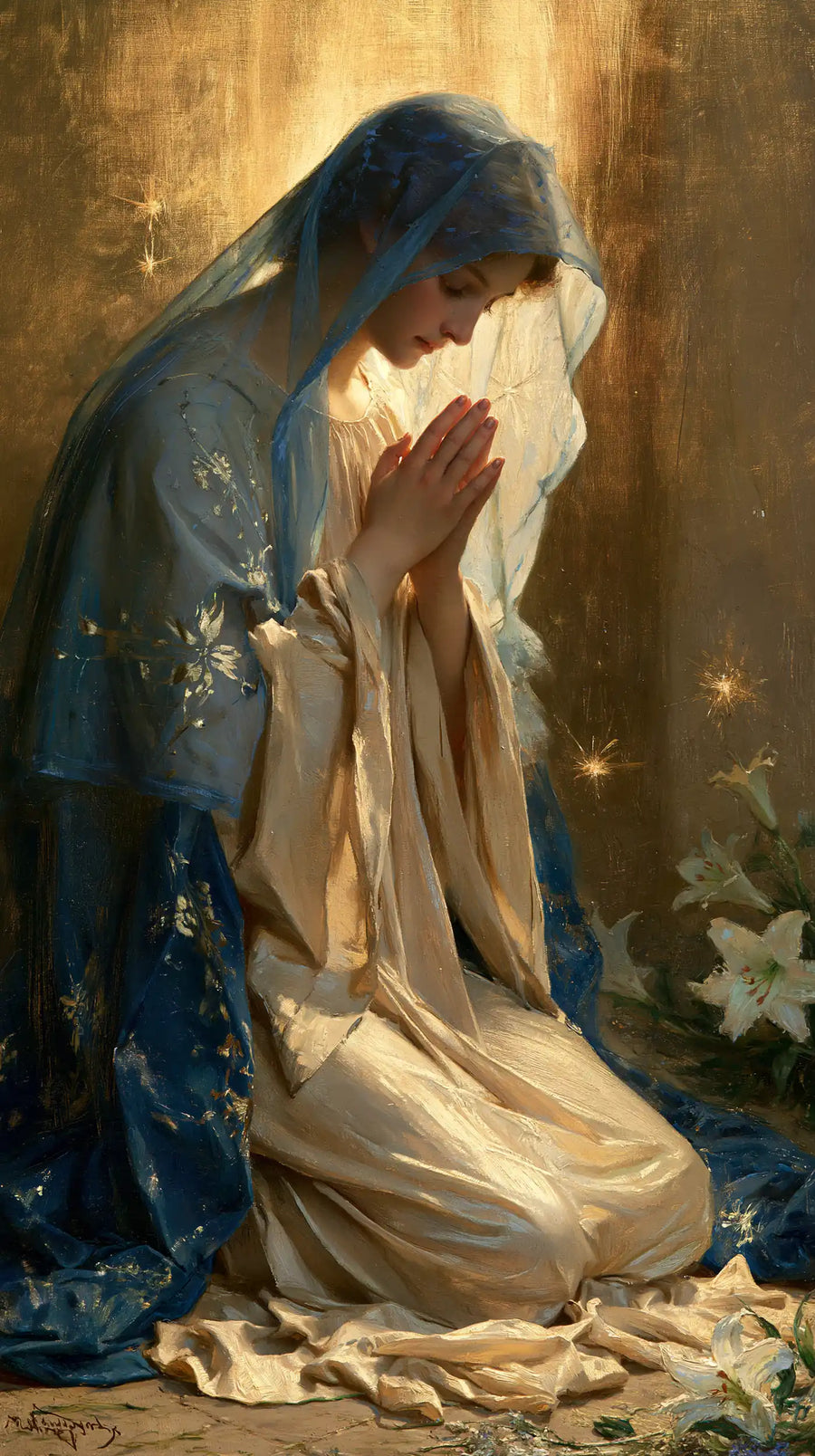 the Virgin Mary in prayer in Symbolist style, portrait Christian artwork no. 7