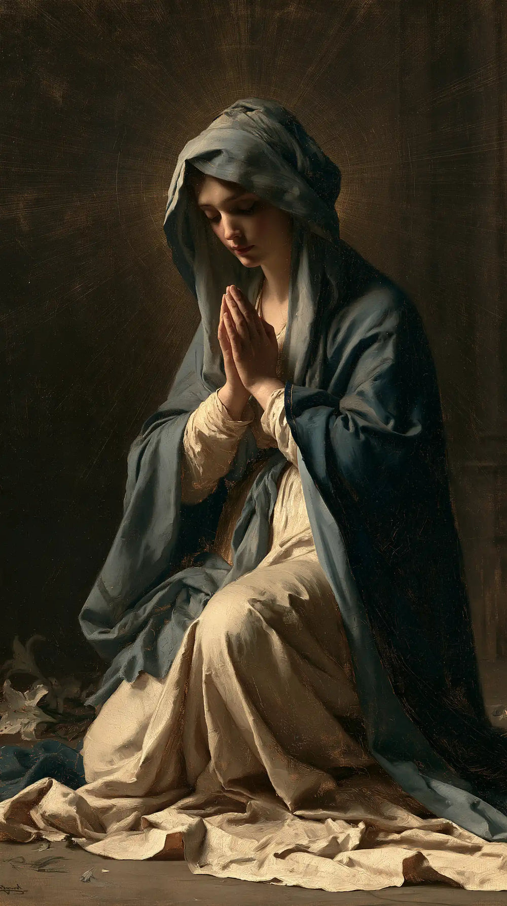 the Virgin Mary in prayer in Symbolist style, portrait Christian artwork no. 11