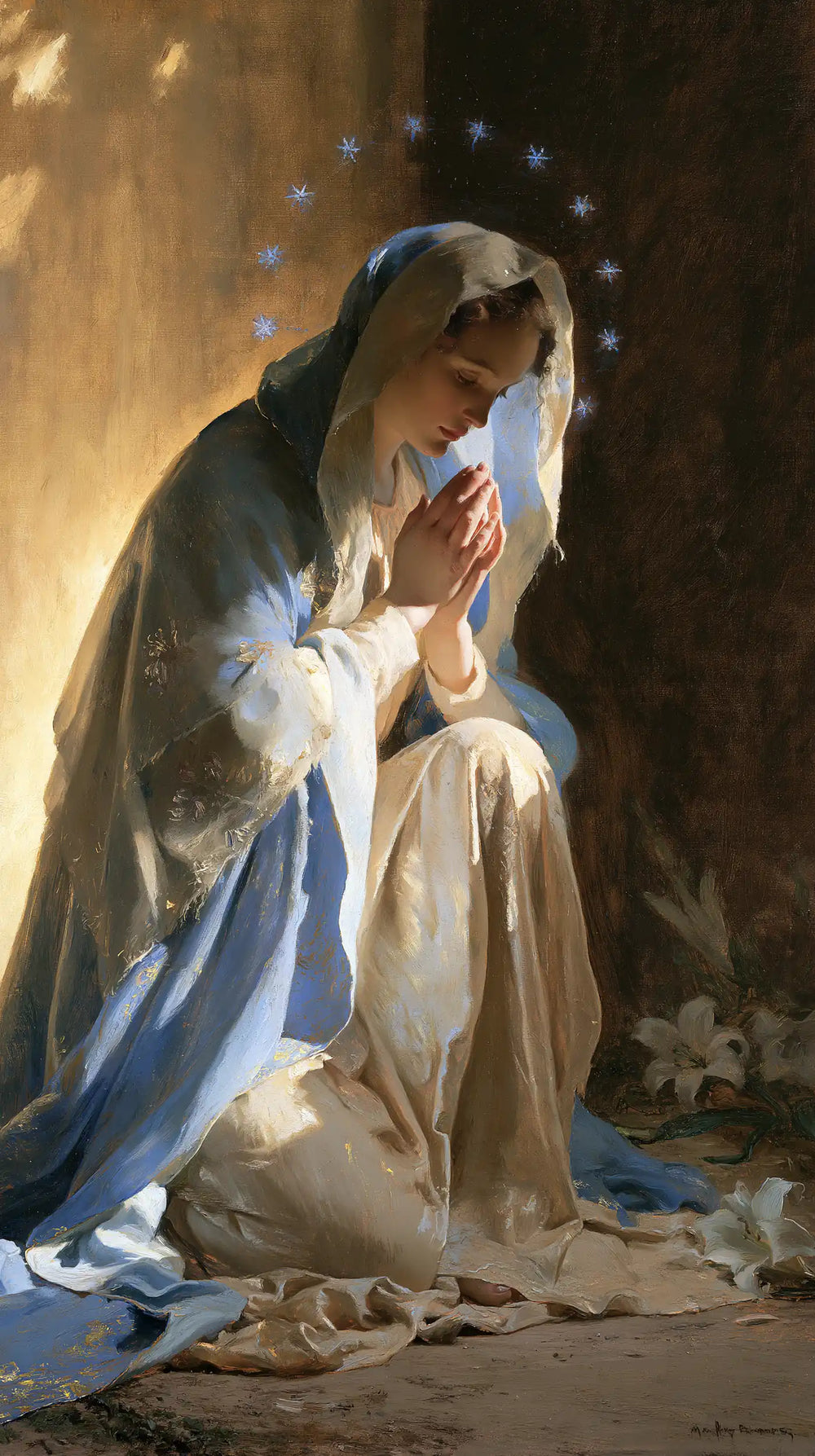 the Virgin Mary in prayer in Symbolist style, portrait Christian artwork no. 13