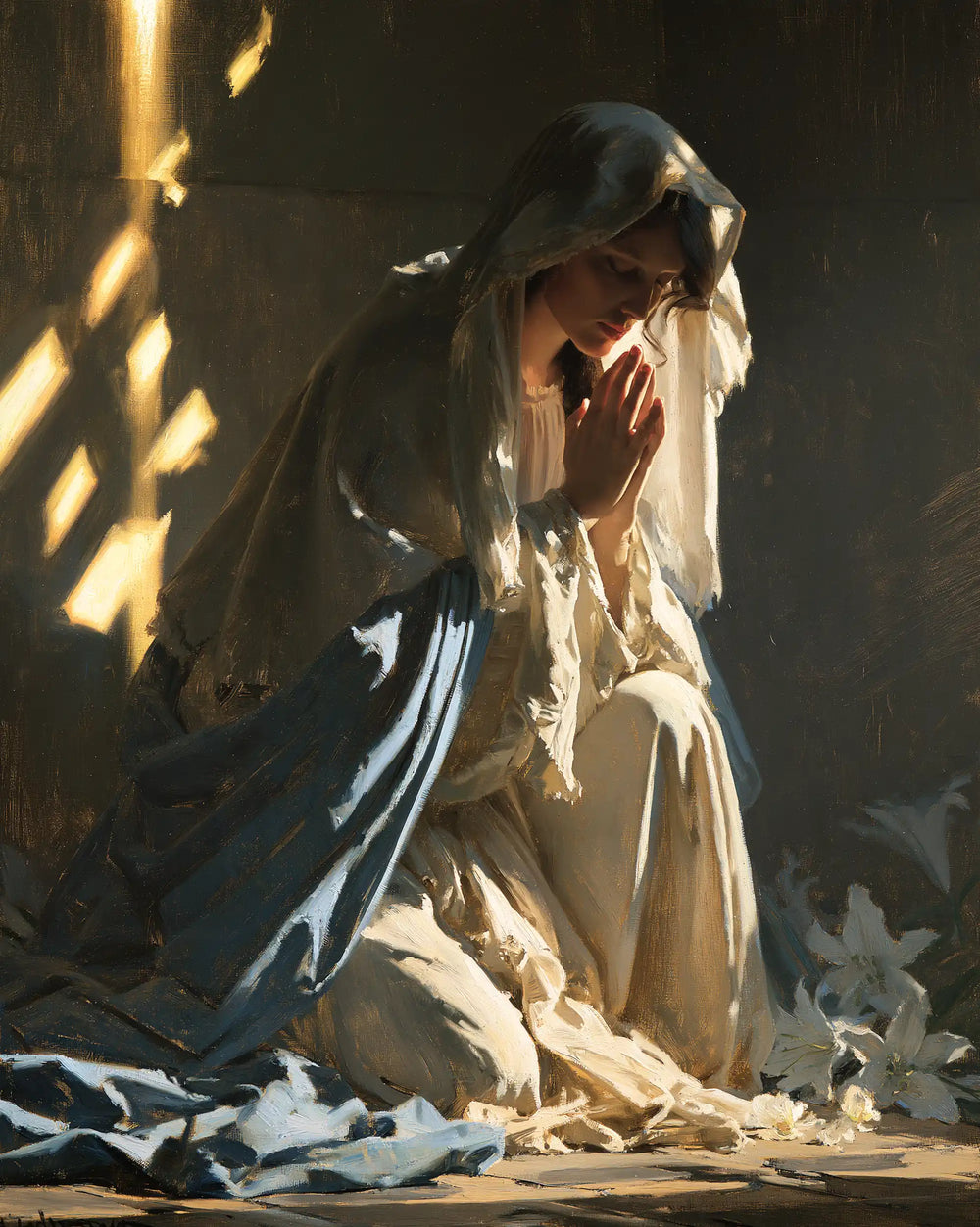the Virgin Mary in prayer in Symbolist style, portrait Christian artwork no. 17