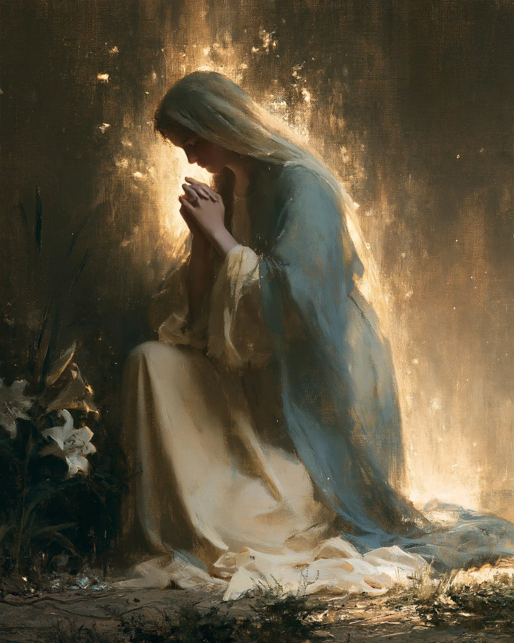 the Virgin Mary in prayer in Symbolist style, portrait Christian artwork no. 19
