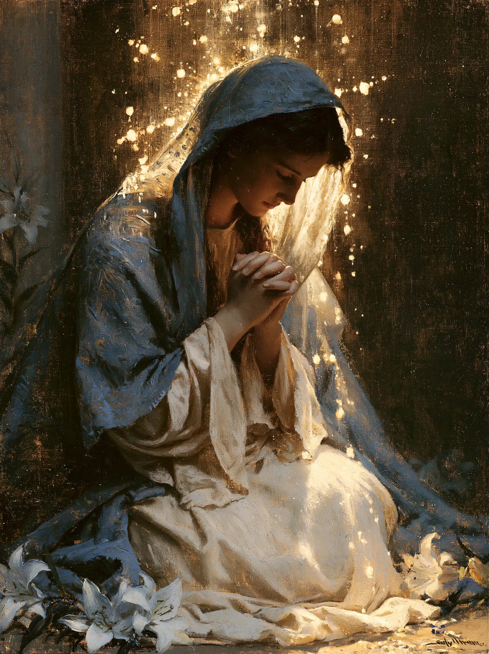the Virgin Mary in prayer in Symbolist style, portrait Christian artwork no. 39