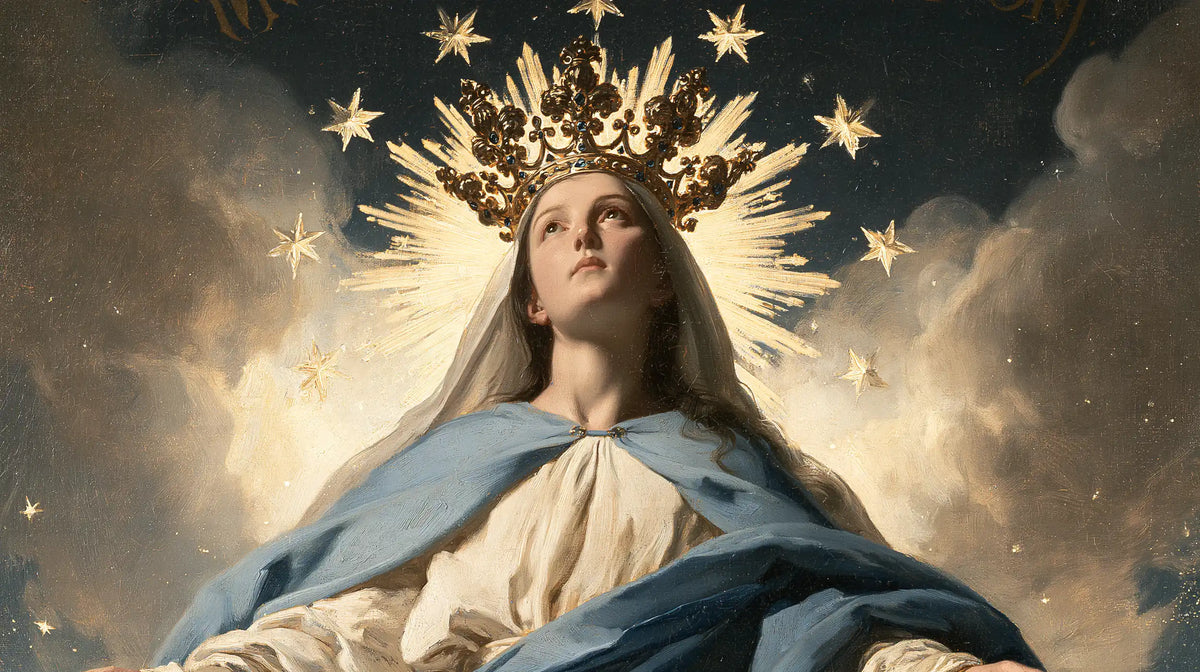 Mary, Queen of Heaven — The Crown in Shards of Light Against Blue Night