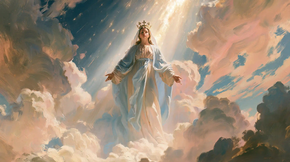 Mary as Queen of Heaven in an impressionist atmosphere in Impressionist style, landscape Christian artwork no. 10