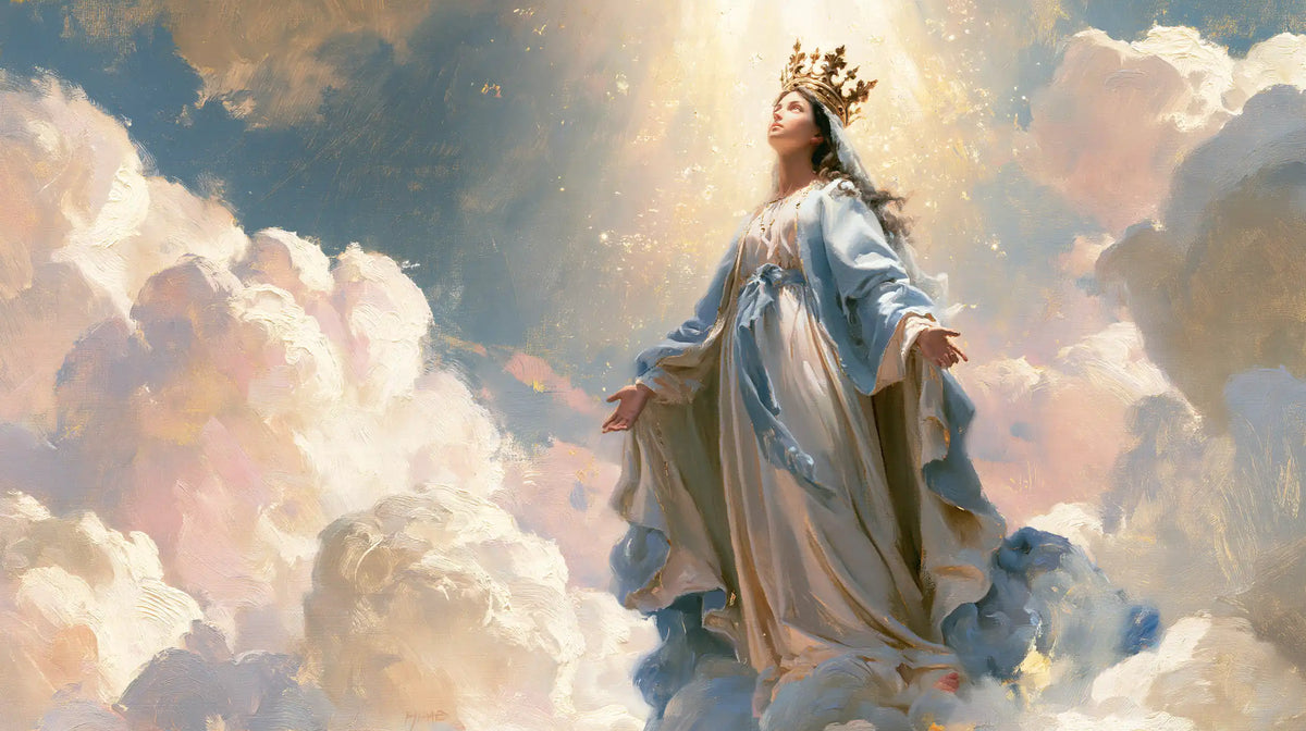Mary as Queen of Heaven in an impressionist atmosphere in Impressionist style, landscape Christian artwork no. 16