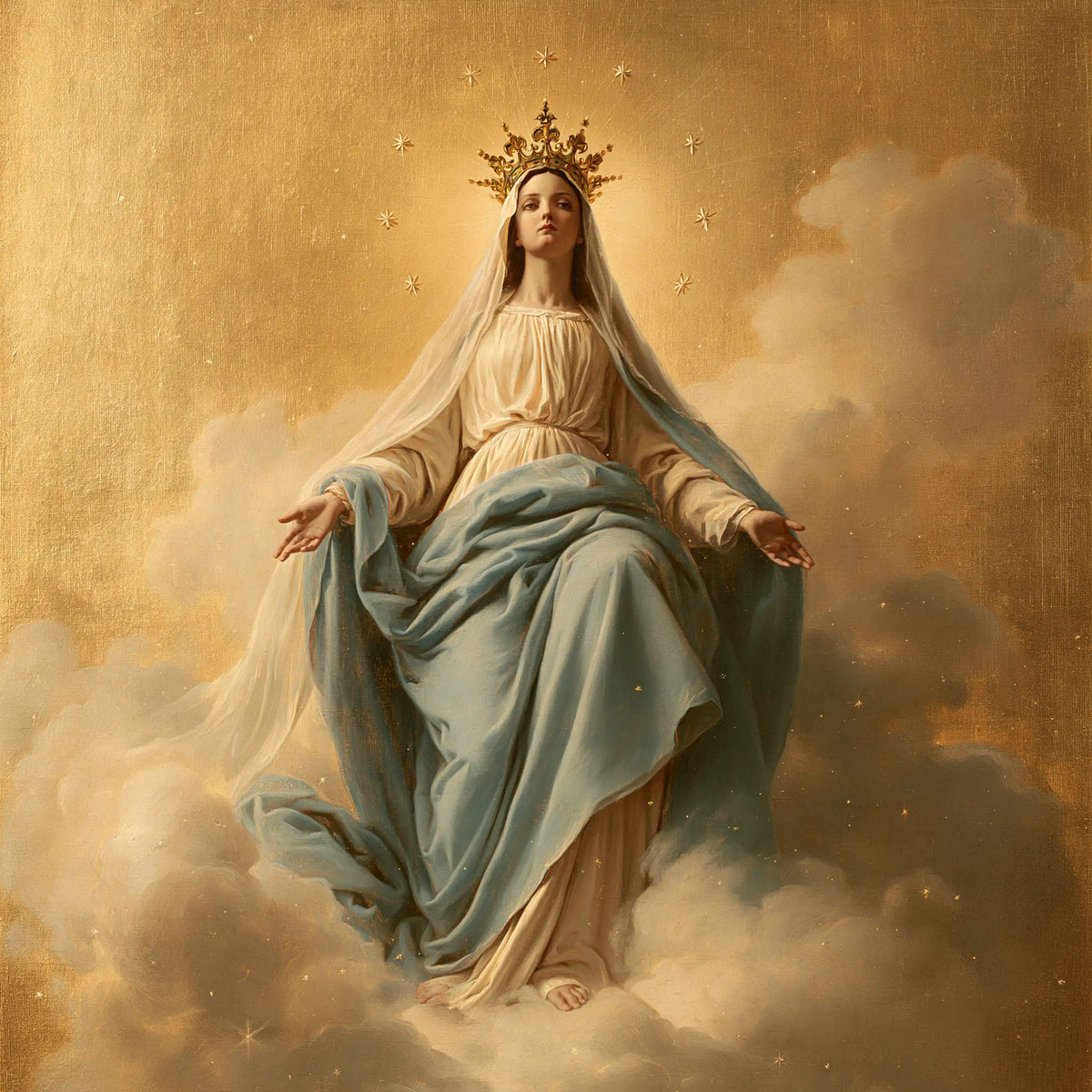 Mary crowned as Queen of Heaven in Sacred Gold style, square Christian artwork no. 7