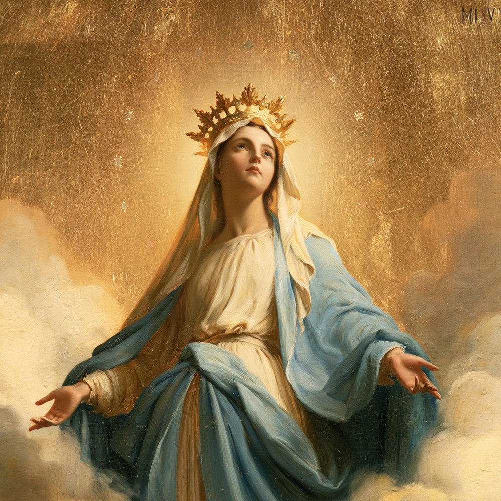 Mary crowned as Queen of Heaven in Sacred Gold style, square Christian artwork no. 11