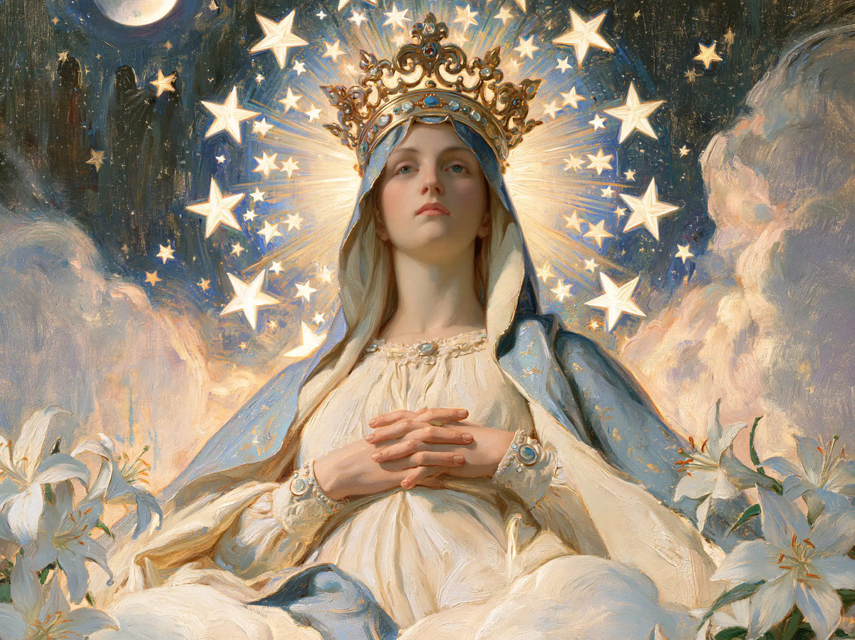 Mary as Queen of Heaven in a symbolist composition in Symbolist style, landscape Christian artwork no. 10