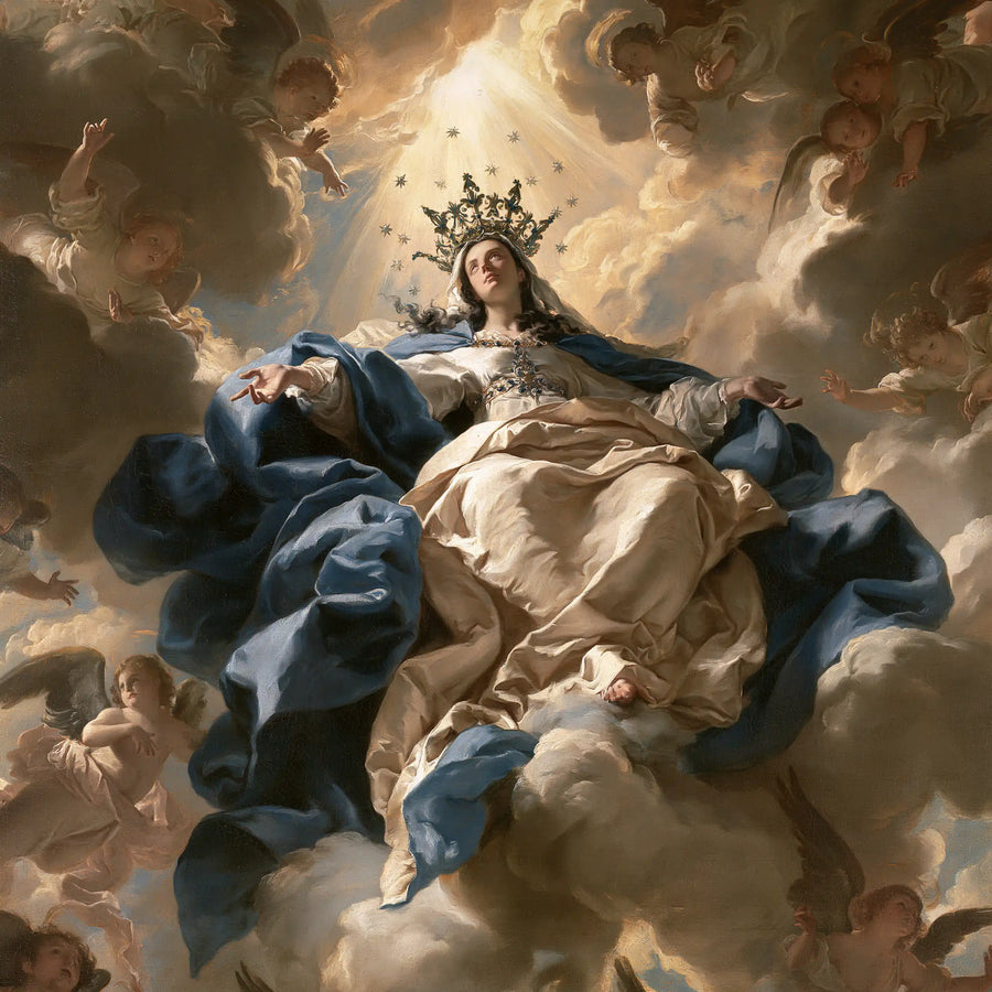 Mary enthroned as Queen of Heaven in a theatrical Baroque scene in Theatrical Baroque style, square Christian artwork no. 3