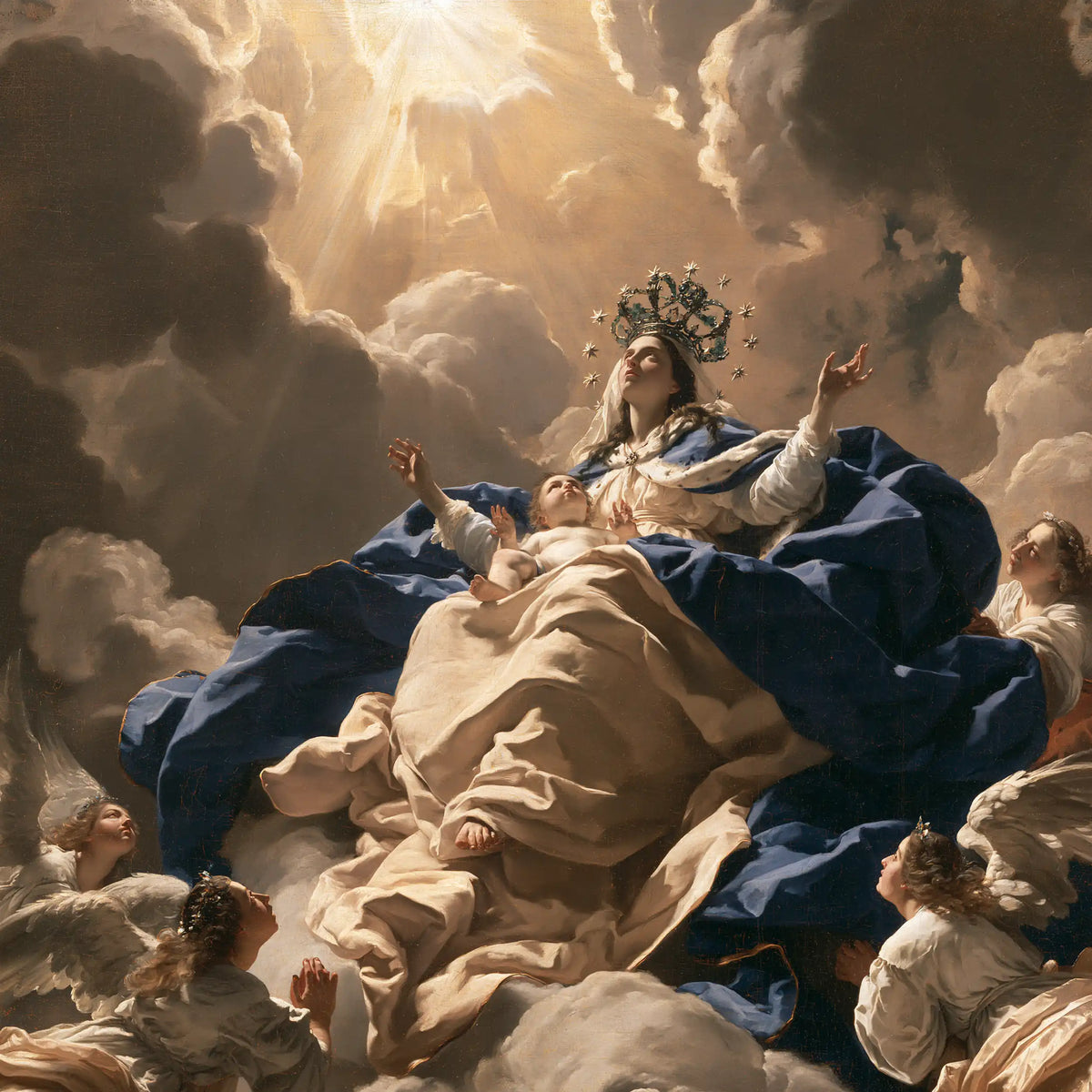 Mary enthroned as Queen of Heaven in a theatrical Baroque scene in Theatrical Baroque style, square Christian artwork no. 8