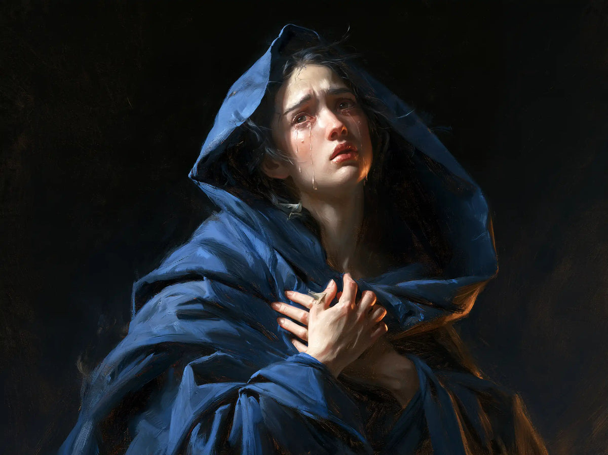 Mary experiencing profound maternal sorrow in Profound Maternal Sorrow style, landscape Christian artwork no. 8