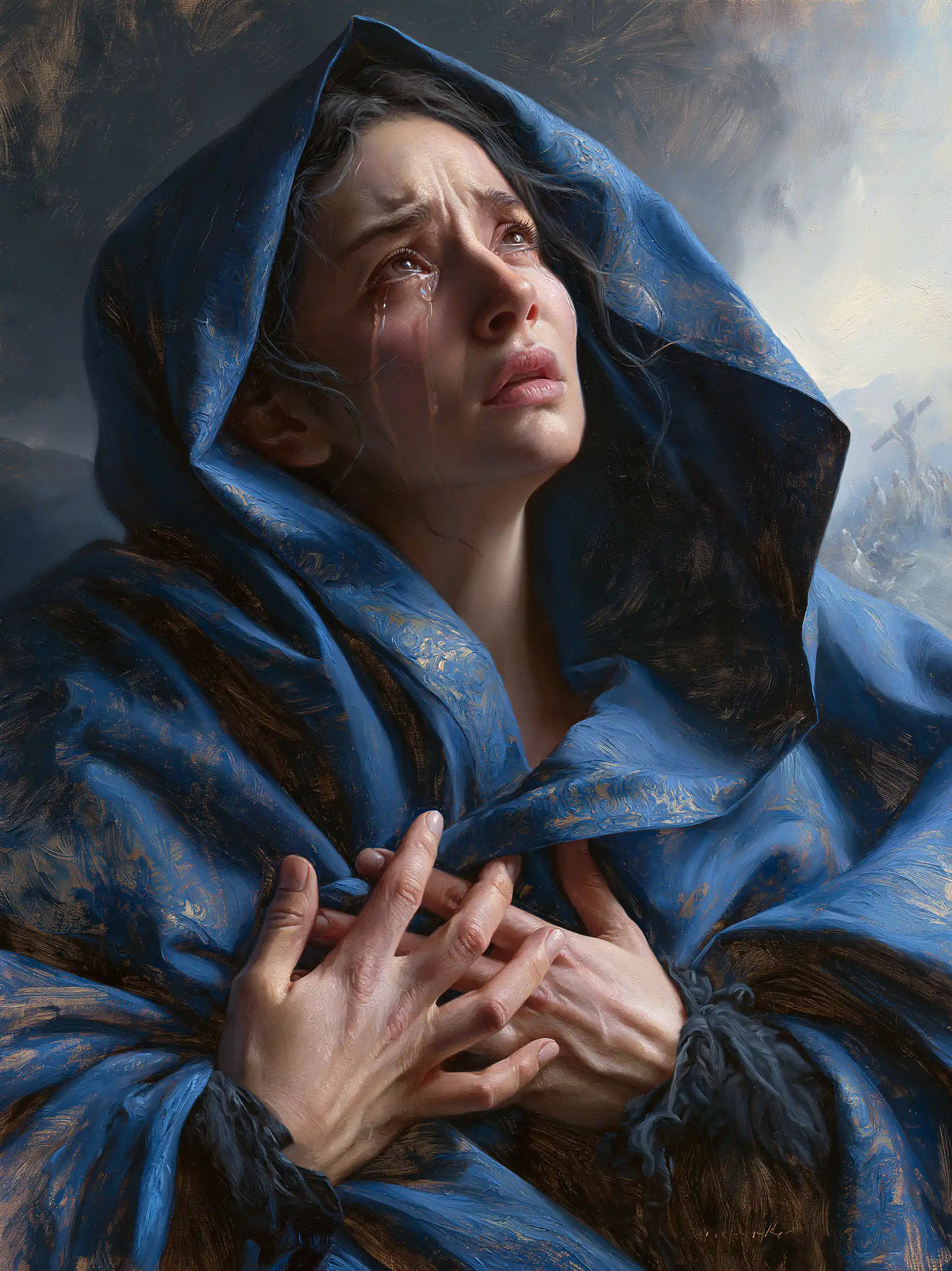 Mary experiencing profound maternal sorrow in Profound Maternal Sorrow style, portrait Christian artwork no. 15