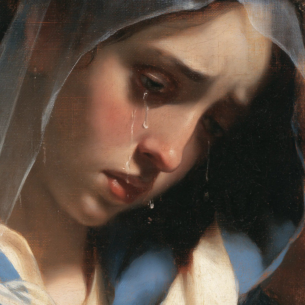 a close portrait of Our Lady of Sorrows in Psychological Close-Up style, square Christian artwork no. 1