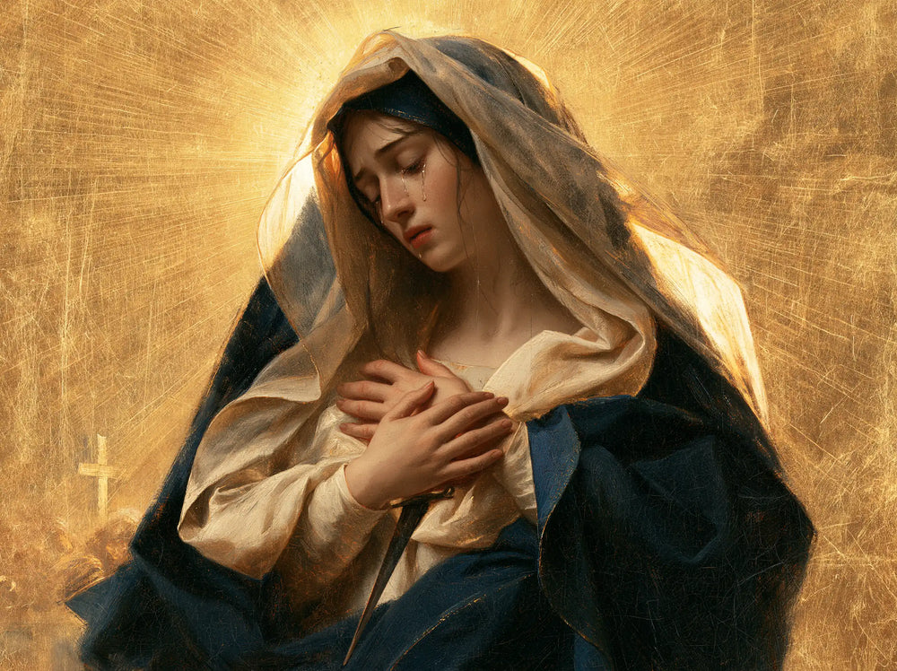Our Lady of Sorrows in sacred golden light in Sacred Gold style, landscape Christian artwork no. 2